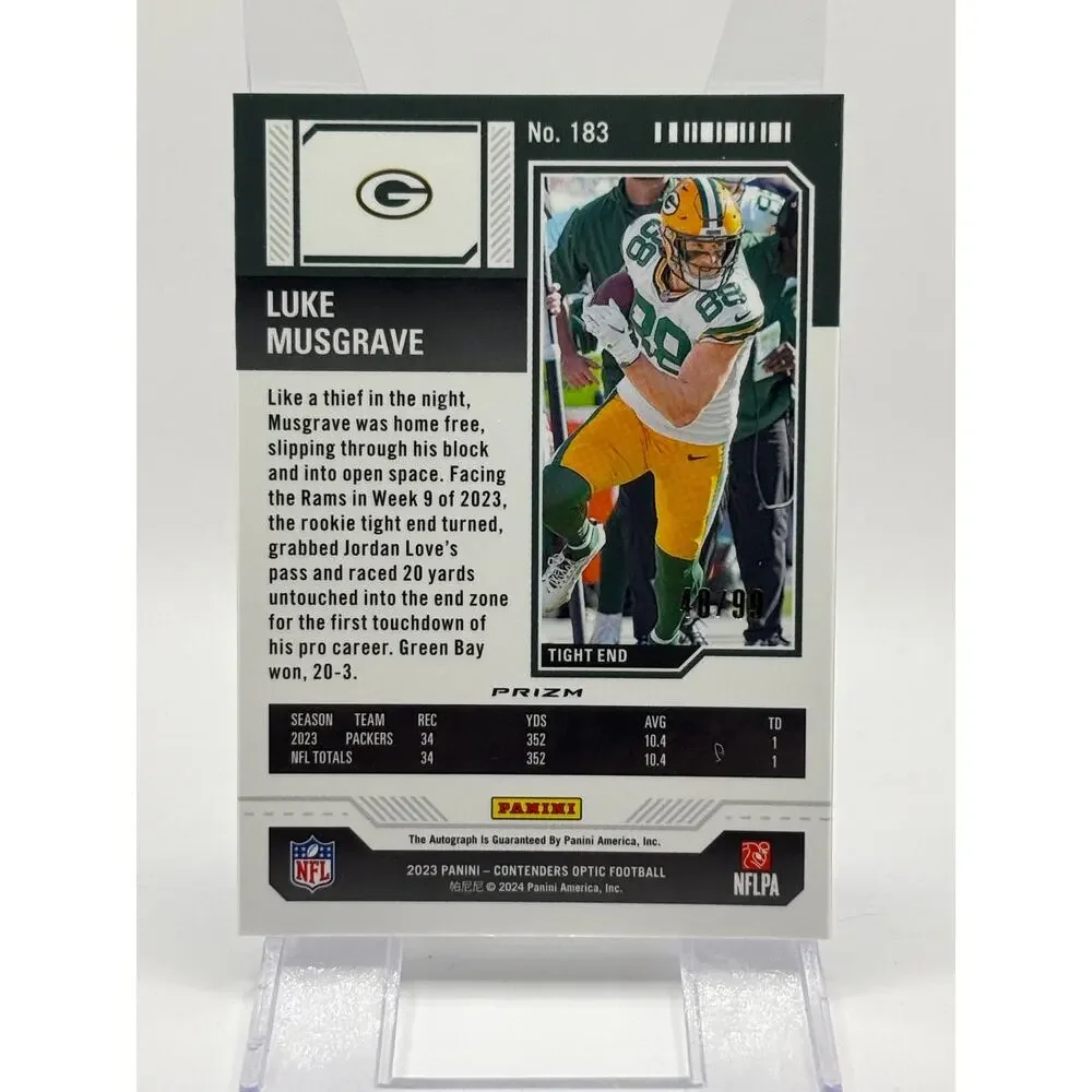 2023 Contenders Optic Luke Musgrave Rookie Ticket Blue Auto 40/99 SP Packers RC